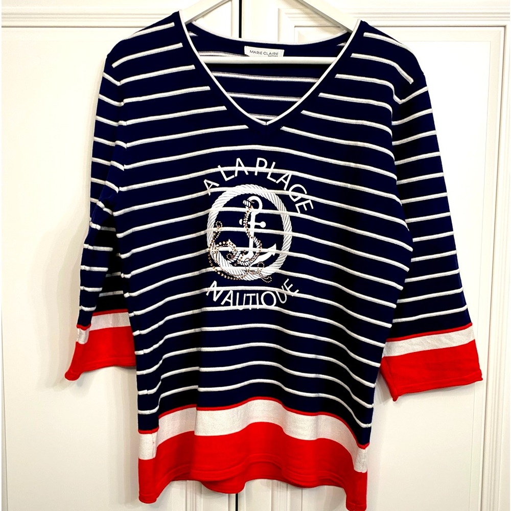Marie Claire Boutiques Size XL Women’s V Neck 3/4 Length Sleeves Navy White Red